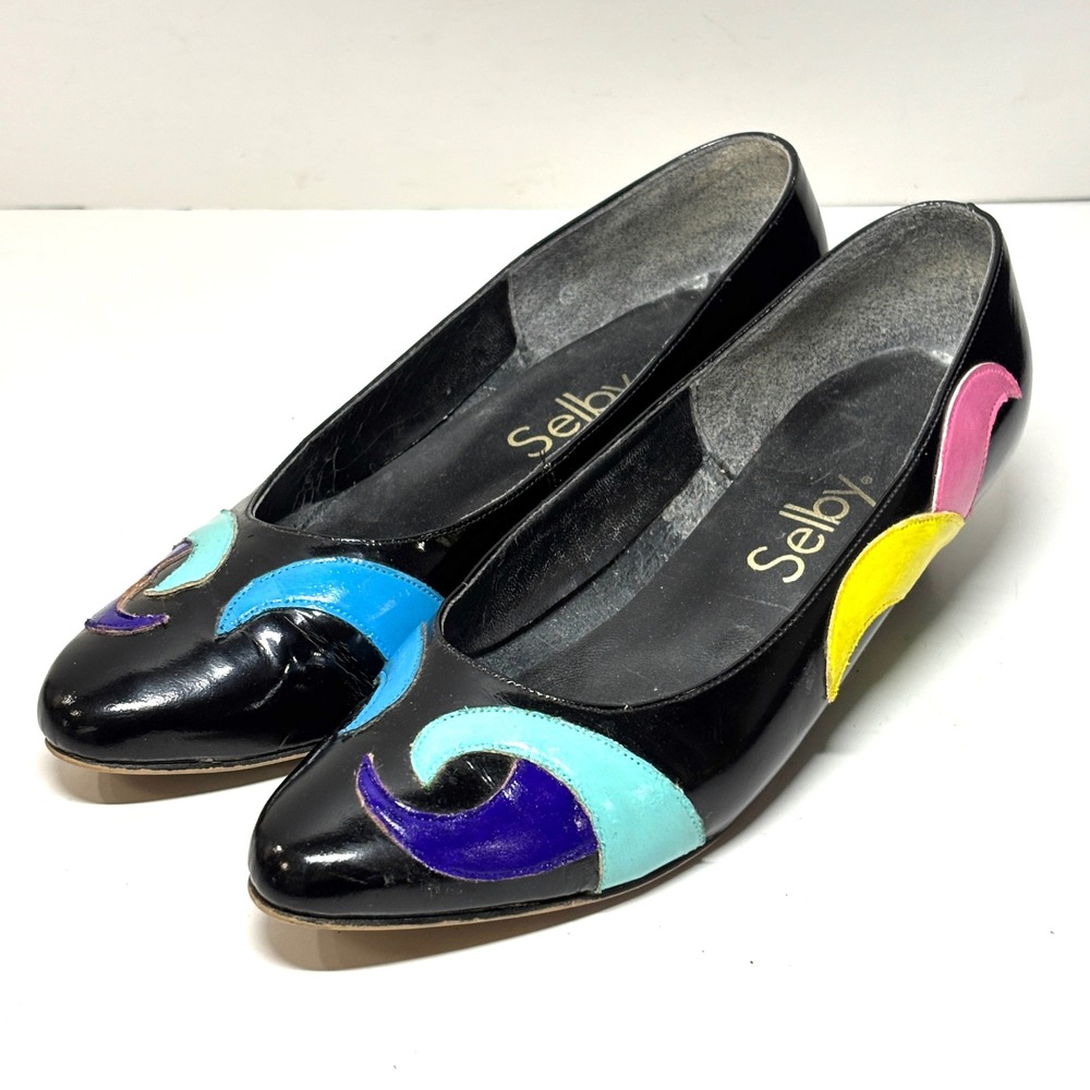 Selby Vintage Abstract Colorblock Pumps Womensβ Black Patent Leather Good